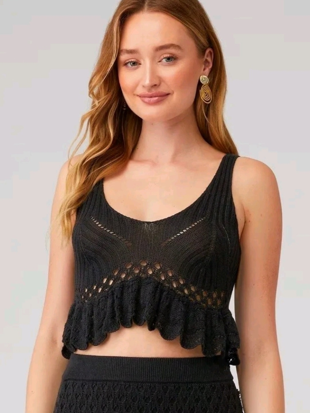 Beach Riot Black Cropped Knit Ruffle Tank Top